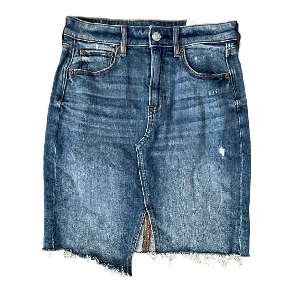 NWT American Eagle Super High Rise MIDI Blue Jean Skirt Size 00 Causal Western